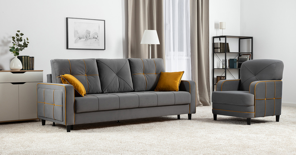 Диван-кровать прямой Черри ТД 287 велюр Irida 21 серый, Эвита умбер горчичный