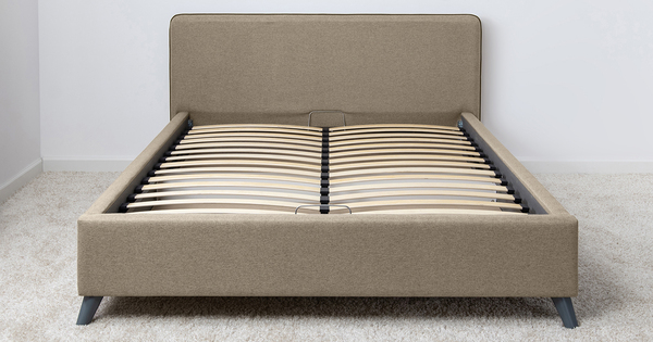 Кровать Миа 160 рогожка бежево-коричневый, кант желтовато-коричневый с ортопедическим основанием и подъемным механизмом