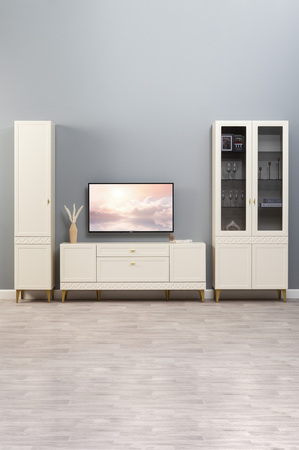 Гостиная Марион композиция 1 слоновая кость С341 PE, слоновая кость 6898 ПВХ, белый PE шагрень (собирается на любую сторону)