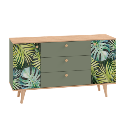 Комод Маттиас 16.245 дымчатый зеленый K521, гикори рокфорд натуральный KO86 PW, белый PE шагрень, фотопечать