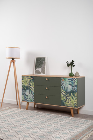 Комод Маттиас 16.245 дымчатый зеленый K521, гикори рокфорд натуральный KO86 PW, белый PE шагрень, фотопечать