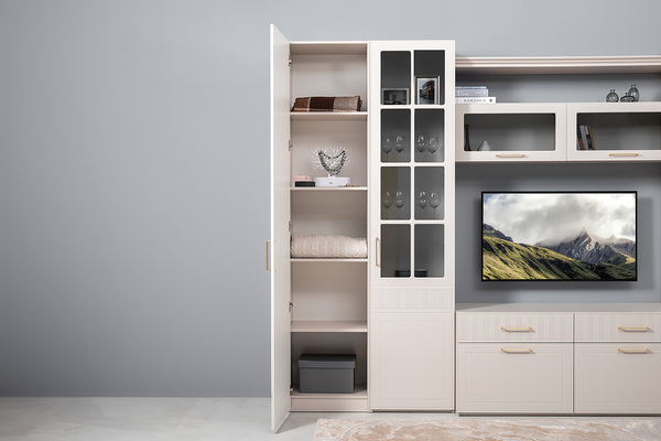 Гостиная Ричфорд композиция 1 с карнизами, кашемир 5981 BS, моно керамика D166-2 ПВХ, белый PE шагрень (собирается на любую сторону)